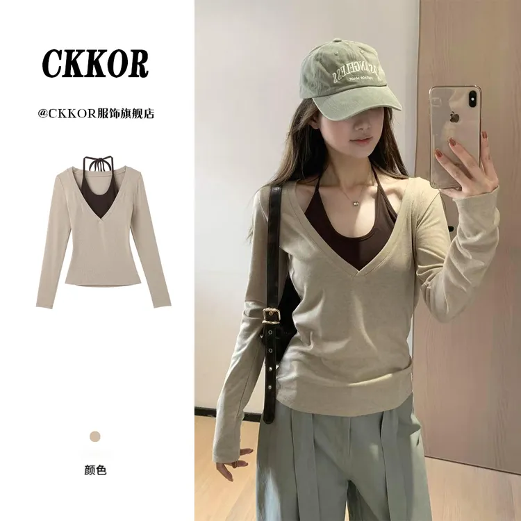 CKKOR美式辣妹短款吊带v领长袖t恤女春秋新款修身显瘦假两件上衣 