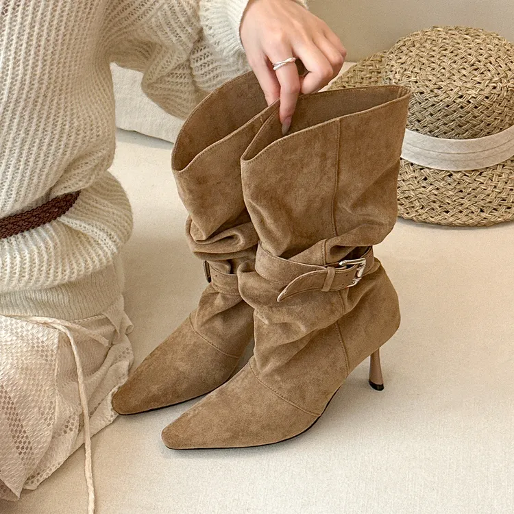 2025新款复古风尖头绒面细跟短靴女时尚潮流高跟鞋辣妹靴子时装靴