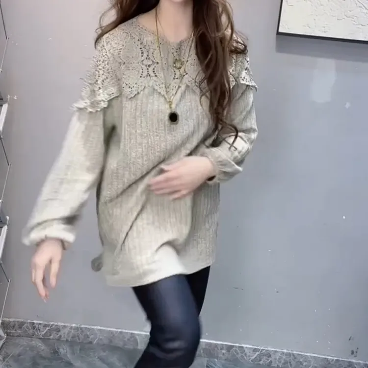 时尚拼接蕾丝中长款秋季休闲大衫显瘦百搭洋气白色内搭长袖网红