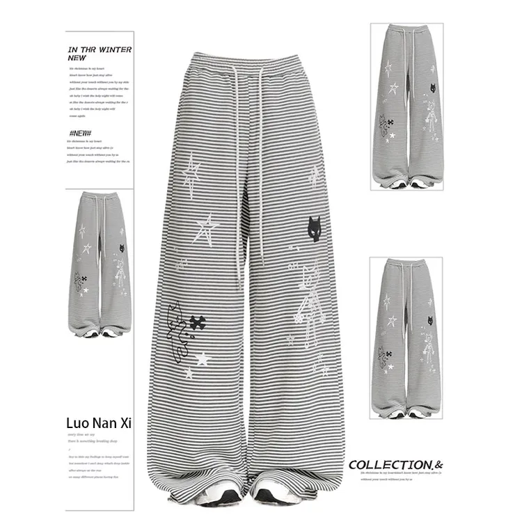 美式卡通印花条纹卫裤女秋冬加绒裤子大码胖mm宽松慵懒阔腿休闲裤