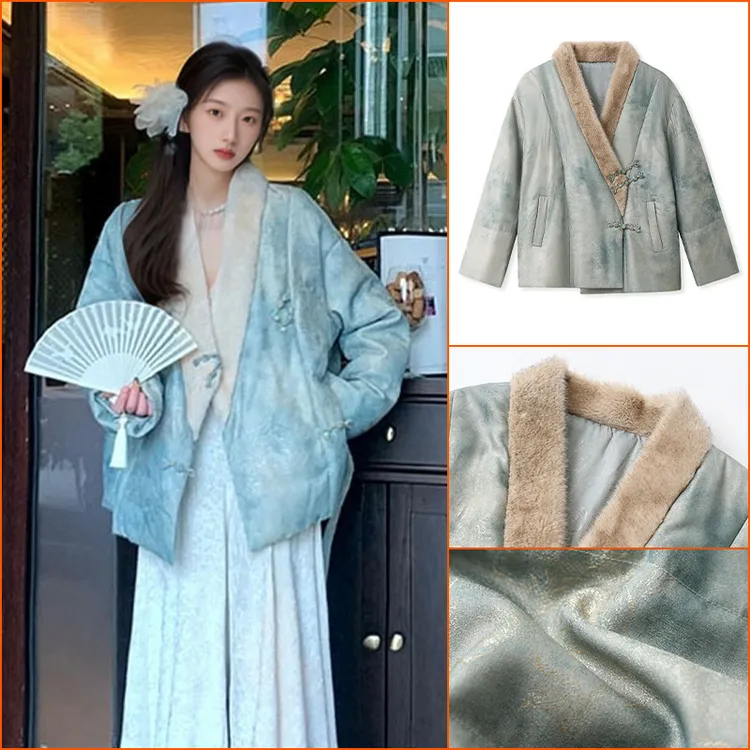 2025新年拜年 新中式高级感印花刺绣V领羽毛拼接国风棉服人丝外套