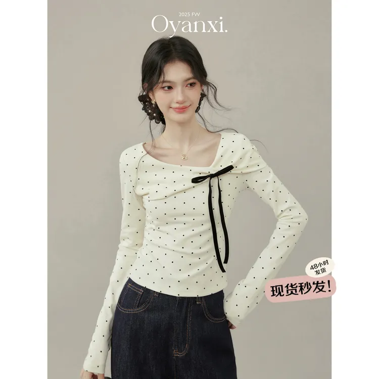 欧阳喜《 心动瞬间》蝴蝶结波点长袖T恤秋季新款内搭女上衣女修身