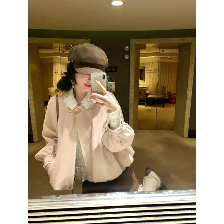 韩系粉色花边领麂皮花苞外套女秋季新款小个子甜美系通勤显瘦上衣