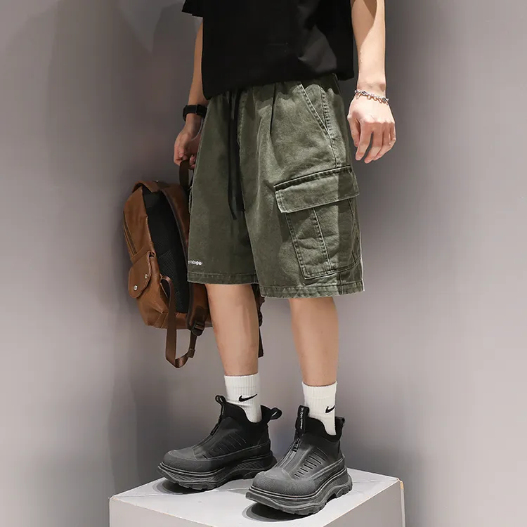 有术日系350g宽松重磅水洗短裤裤男士刺绣五分裤纯棉做旧夏季直筒