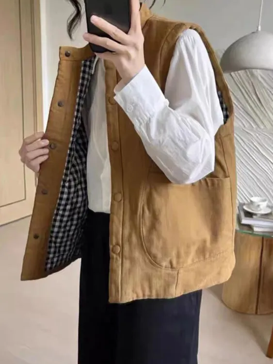 夹棉马甲女日杂风冬季新款复古宽松小个子立领叠穿短款背心棉袄女