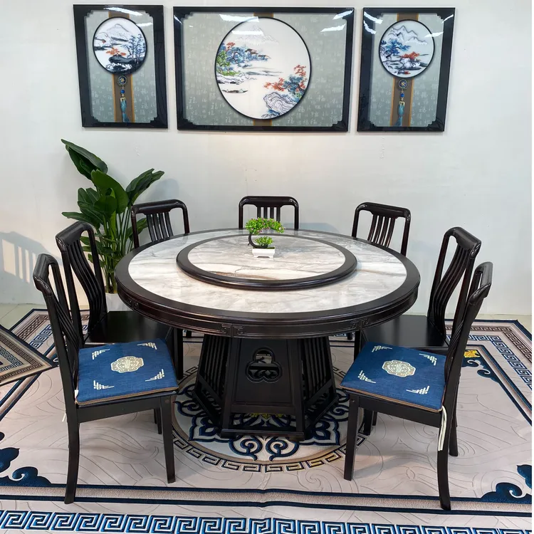 网红款2025最新款新中式实木岩板圆桌餐桌椅组合家用轻奢带转盘