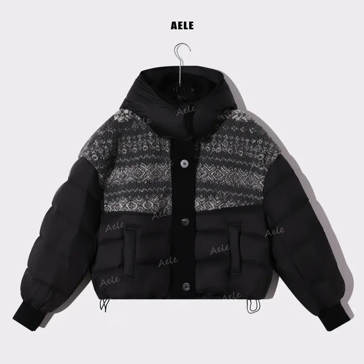 AELE宽松型厚款保暖休闲拼接撞时尚短款羽绒外套 Y855 3887 AD