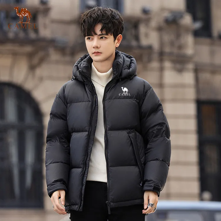 骆驼街羽绒服男女同款新款冬季加厚保暖拼色白鸭绒可拆卸连帽外套