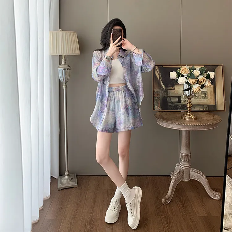 时尚休闲套装女夏减龄薄款巨好看的韩系防晒服衬衫搭配短裤两件套