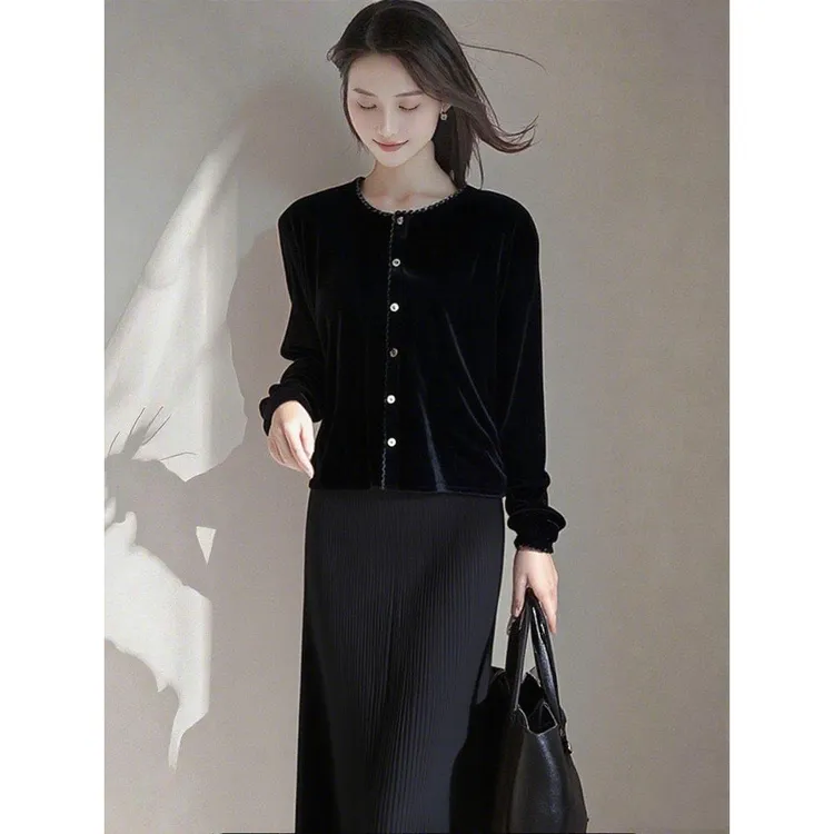 SS2373丝绒设计感小众长袖衬衣圆领花边衬衫女上衣秋2025新款