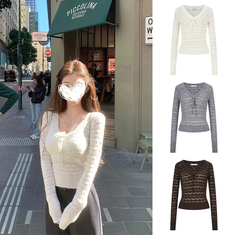 Moses Queen/魔西女王法式V领绑带镂空修身针织衫上衣女设计感