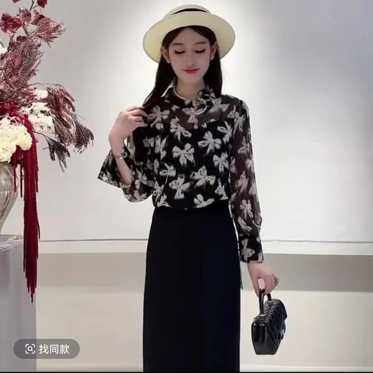 2025春夏新款蝴蝶结碎花雪纺衫女上衣洋气衬衫遮肚子网红气质显瘦