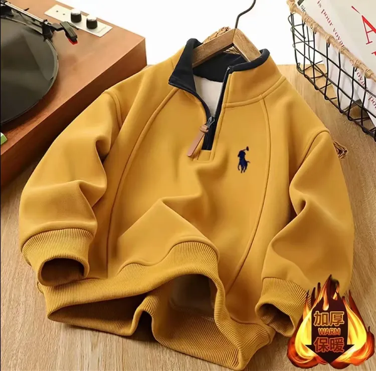 【加绒加厚】2025新款冬季男童加绒刺绣卫衣帅气一体绒立领上衣