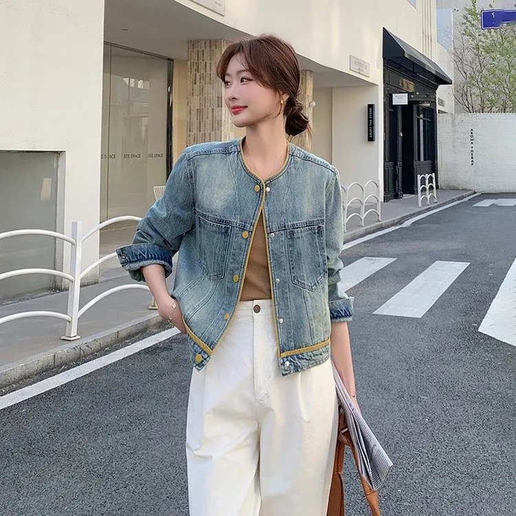 AISHANGMAMA 2025新款早春韩版<牛仔芝士>显瘦显白拼色牛仔外套