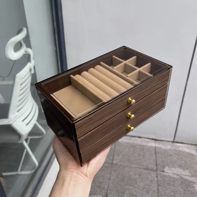 首饰收纳盒高级感精致耳钉耳环项链手镯桌面胡桃木纹手饰存放盒