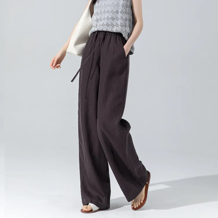 高端紫色裤子女2025新款天丝亚麻阔腿裤女夏薄款冰丝直筒裤松紧腰