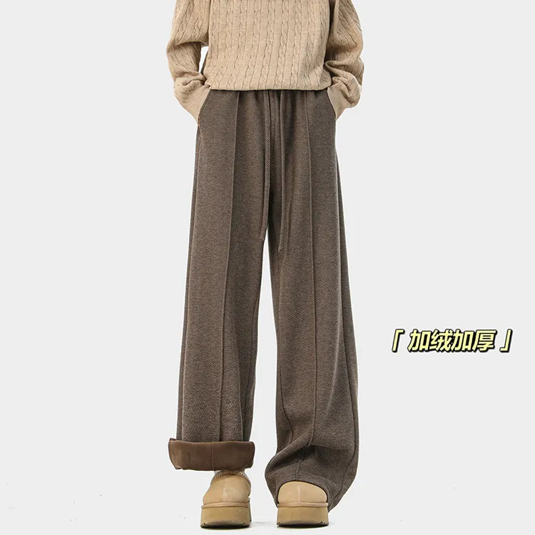 美式重磅加绒加厚人字纹休闲裤男冬季潮牌压褶设计感直筒长裤