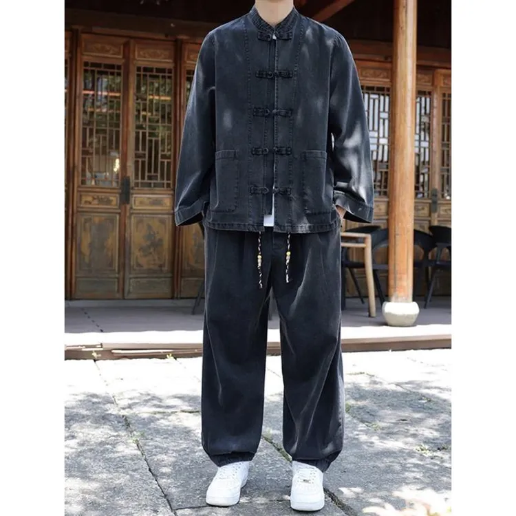 大码300斤秋季新款中国风牛仔衬衫夹克套装男装休闲宽松ins两件套