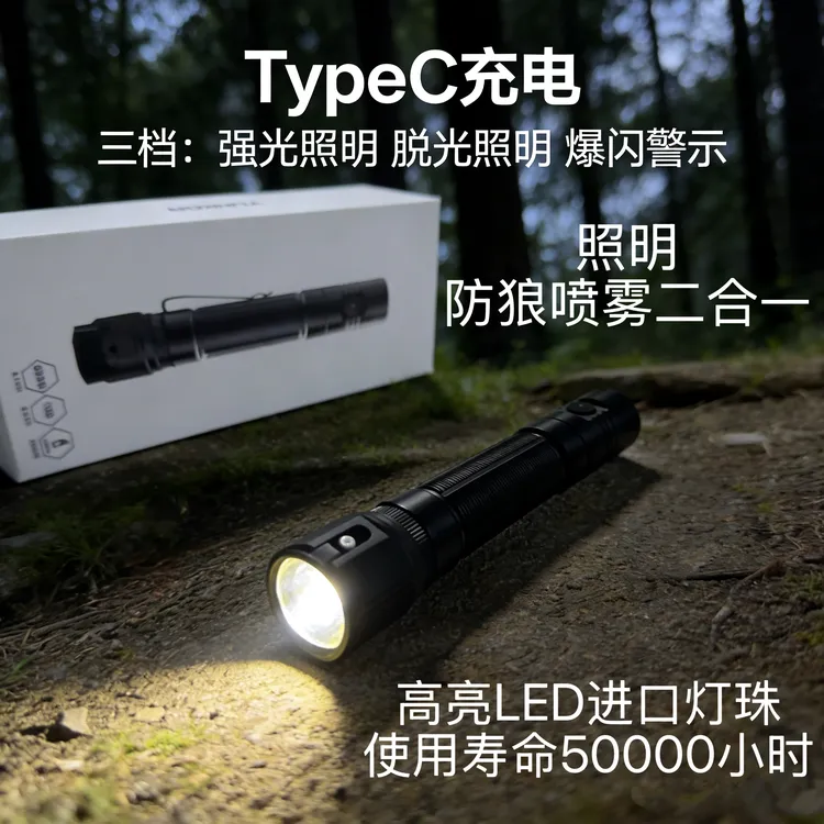 多功能应急防身强光远射户外照明气味喷雾二合一手电