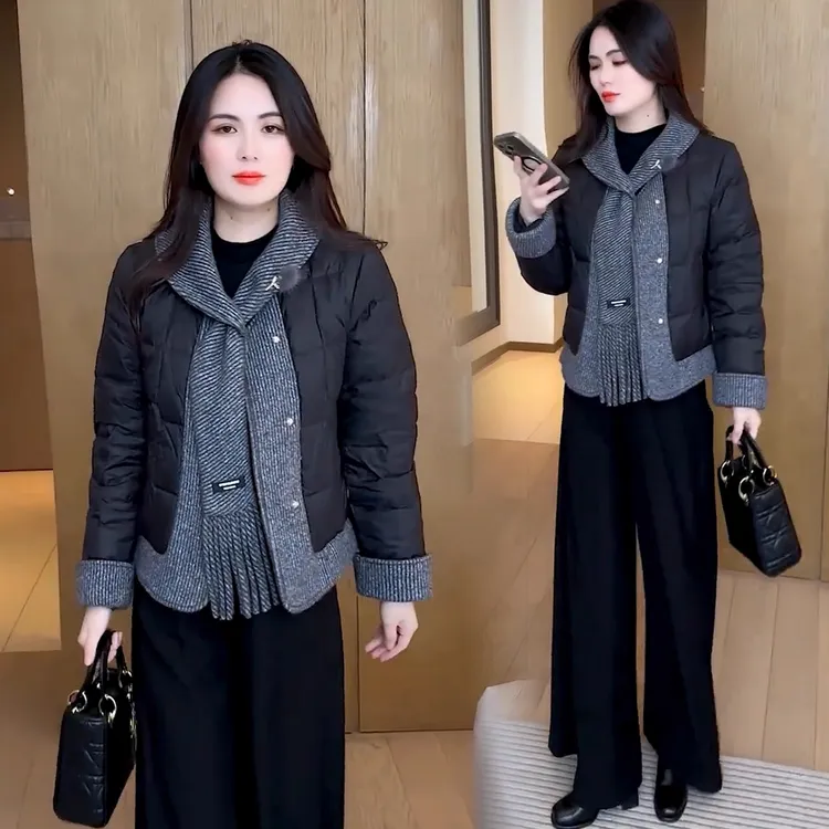 时尚针织拼接假两件棉服女2025冬季新款加厚保暖显瘦妈妈装棉衣潮