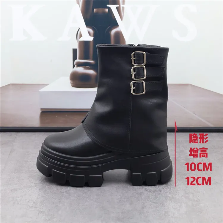 内增高12CM裤管马丁靴女秋冬新款加绒时尚短靴小个子厚底10cm女靴