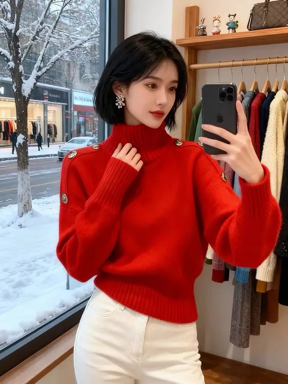 韩系短款红色高领毛衣女软糯针织衫蔻菲图秋季新款小众设计感上衣