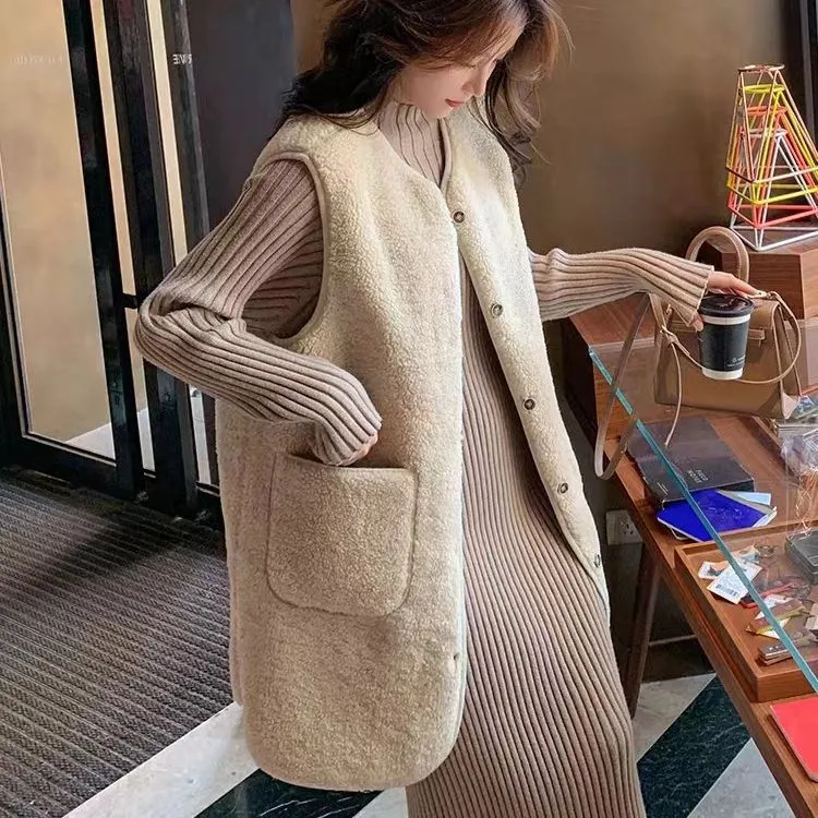 长款仿羊羔毛马甲女中长款宽松秋冬时尚百搭马夹外套简约百搭开衫