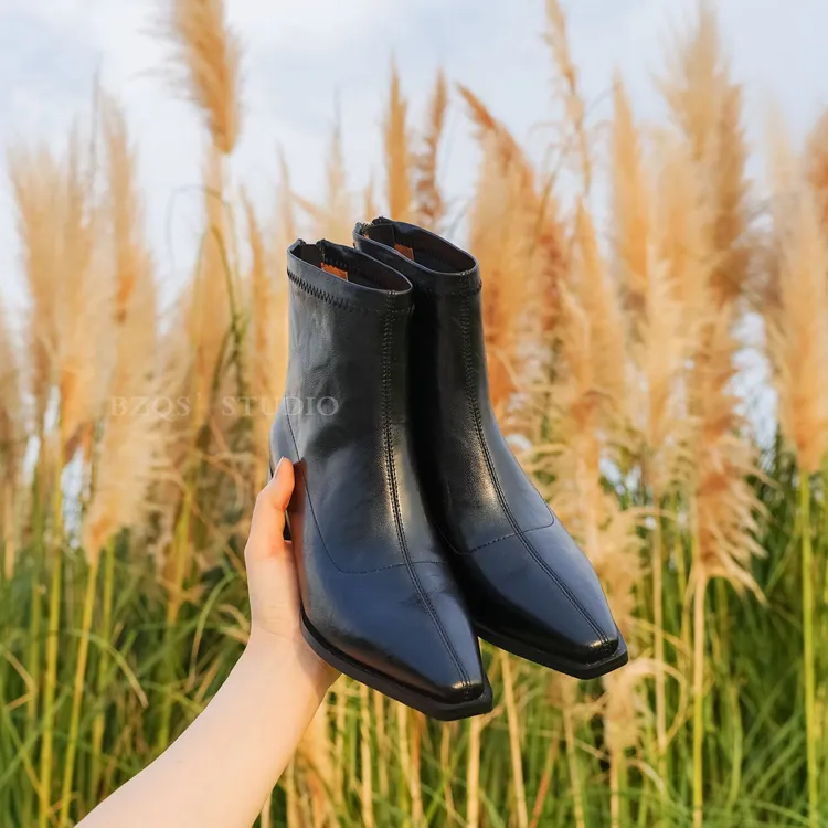 秋冬瘦瘦靴小方头4.5厘米短靴粗跟法式高跟时尚显瘦小众‘切尔西’.