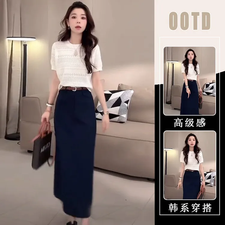 今年流行漂亮套装裙夏季新款法式镂空提花短袖针织衫半身裙两件套