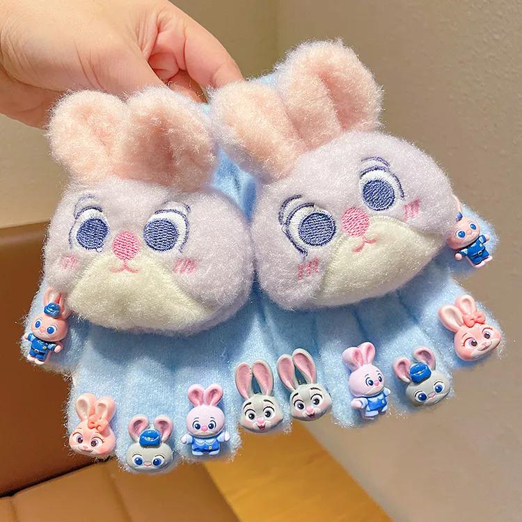 儿童兔子警官美甲卡通手套小女孩冬季全指手套加绒加厚防风保暖男