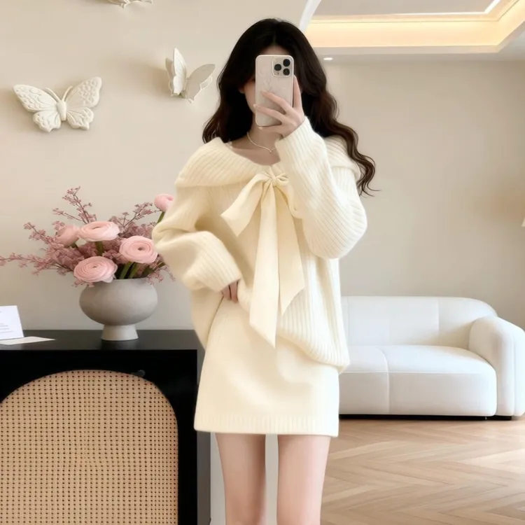 富家千金风穿搭温柔蝴蝶结连衣裙子冬季2026新款针织毛衣短裙套装