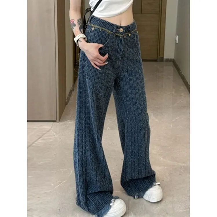 小香风毛边牛仔裤女早秋新款复古高腰宽松阔脚裤直筒拖地长裤裤子