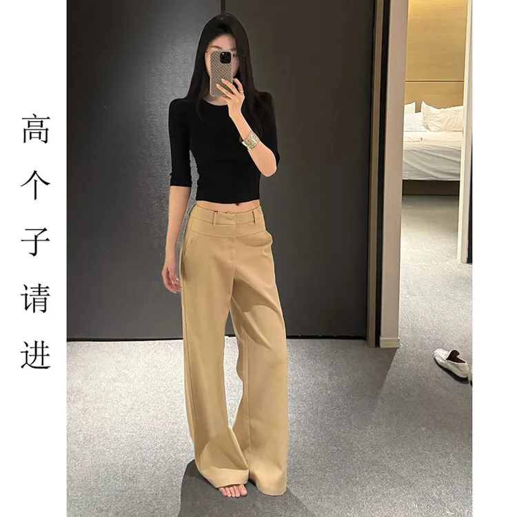裤长112cm高个子加长卡其色西装女夏高腰拖地裤休闲老钱风阔腿裤