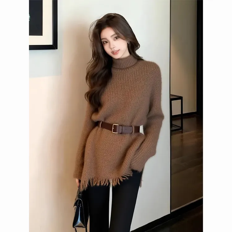 韩系慵懒风松弛感咖色高领针织衫秋冬新款高领系带收腰显瘦上衣女