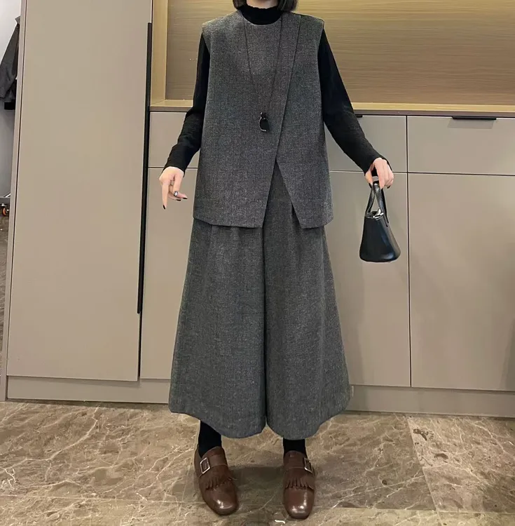 米可/MK-2966ZJ【暗格呢子上衣+阔腿裤套装】时尚秋季新款两件套