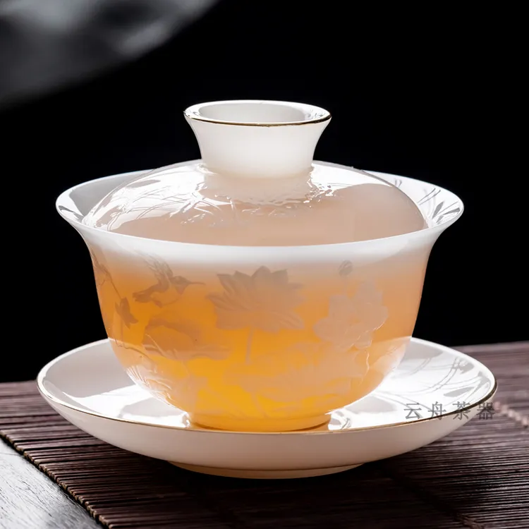 云舟 德化冰种璞玉白瓷悬停三才盖碗泡茶碗敬茶碗喝茶碗功夫茶具