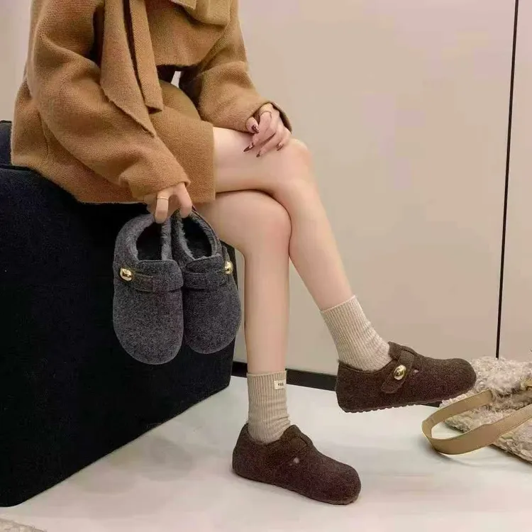 复古毛毛加绒厚底内增高一脚蹬勃肯鞋女秋冬保暖休闲鞋