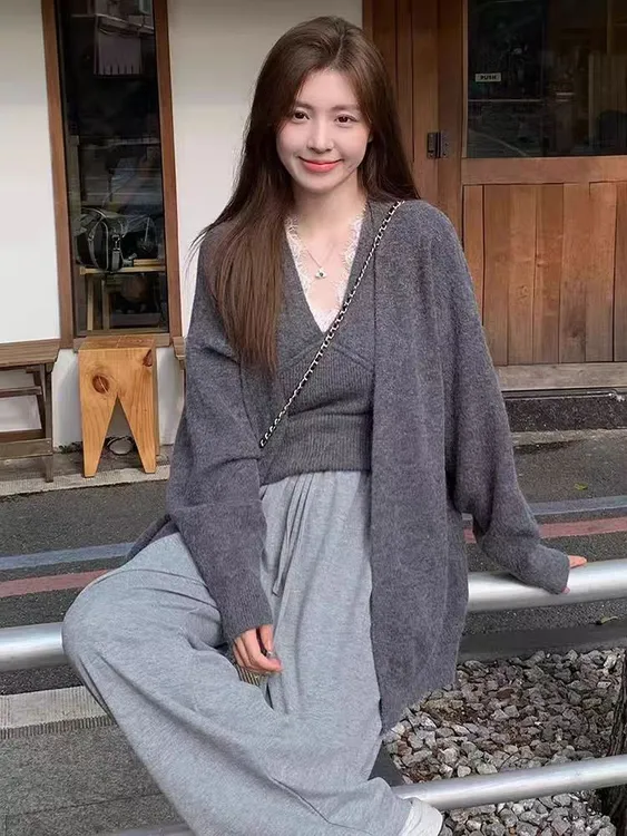 秋冬慵懒风蕾丝边背心针织开衫两件套韩系温柔感毛衣外套吊带套装