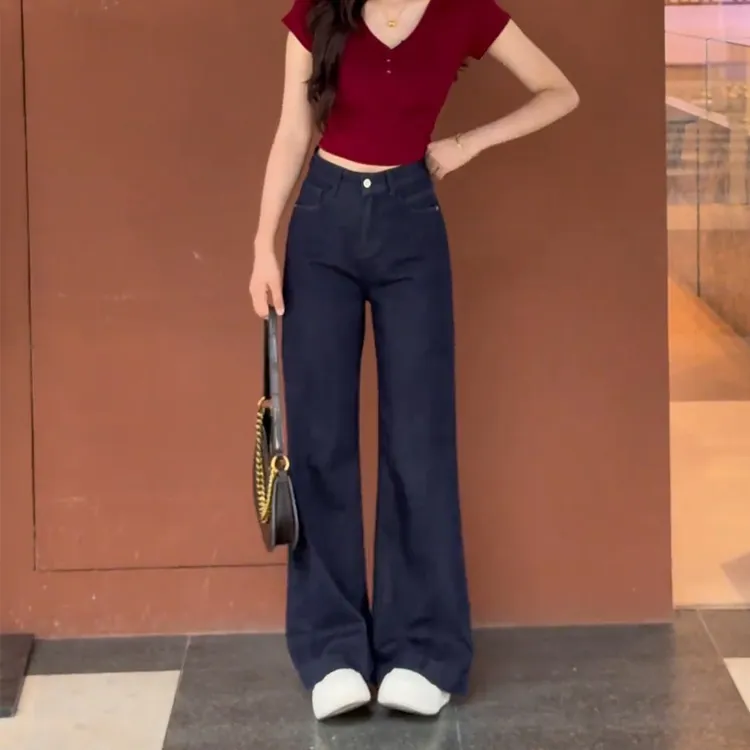 深蓝色高腰窄版阔腿牛仔裤女2025秋季宽松显瘦小个子垂感直筒长裤