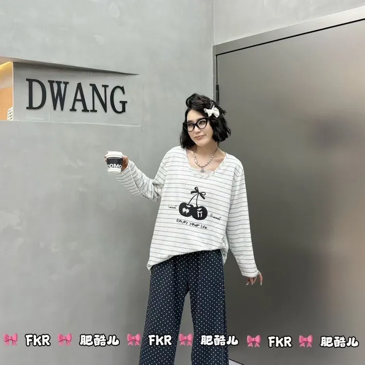 爆款网红秋季条纹上衣走点长裤睡衣套装新款宽松蕾丝领大码家居服