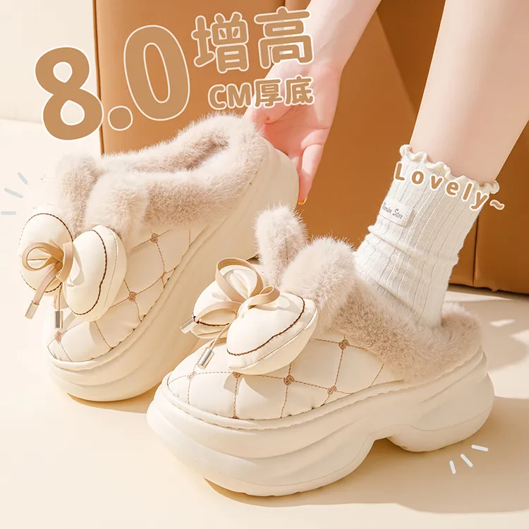 厚底增高棉拖鞋女士外穿网红蝴蝶结PU皮拖鞋冬季室内加厚保暖防滑