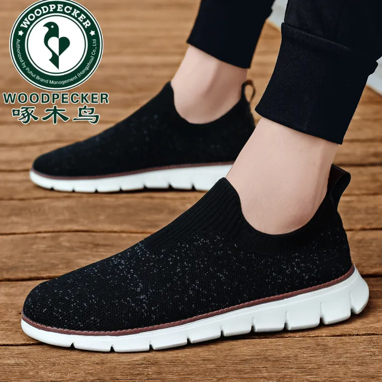 啄木鸟2025春夏新款运动休闲男鞋飞织透气低帮一脚蹬懒人鞋透气夏