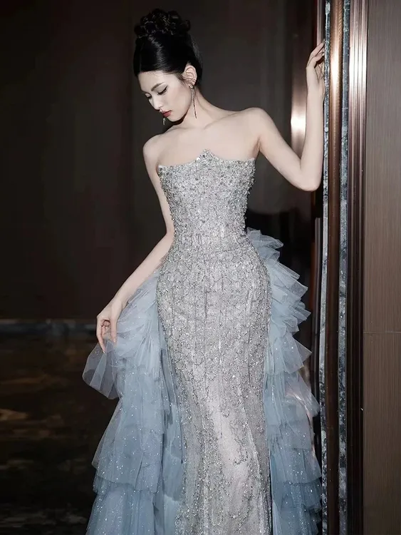 气质女王晚礼服裙女年会高端奢华名媛宴会钉珠重工鱼尾新娘敬酒服