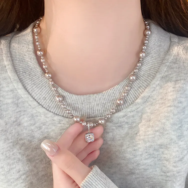合金项链 珍珠方糖项链配饰女款高级感轻奢小众毛衣链颈链新款