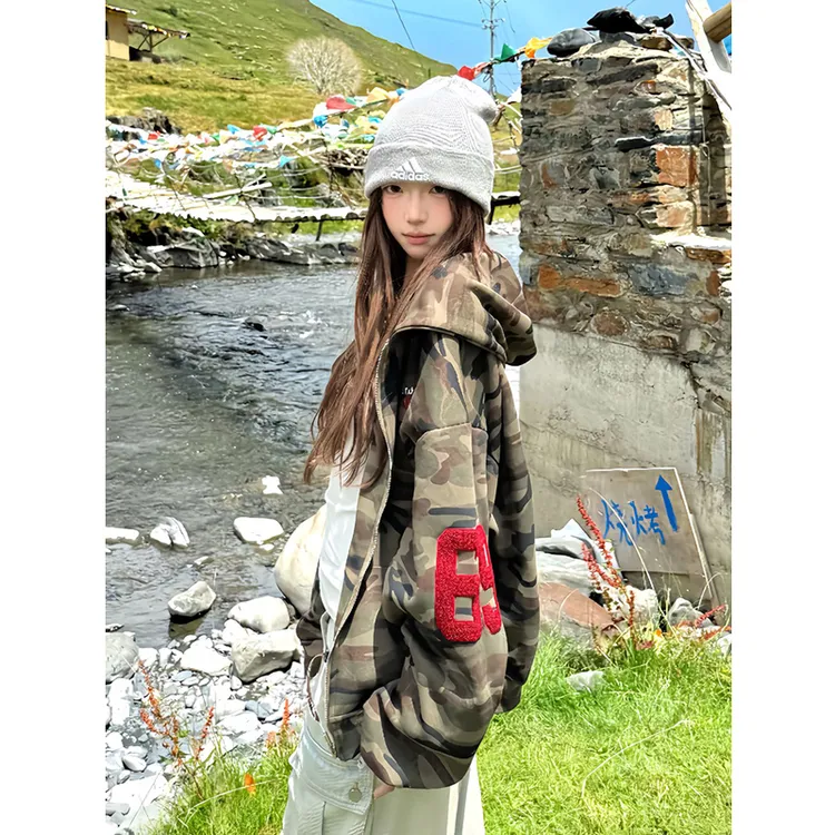 复古迷彩开衫卫衣男女款春秋美式街头风字母刺绣连帽短款夹克外套