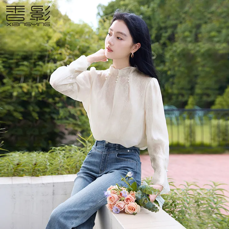 【直播专享】S85A522衬衫 香影蕾丝花边捏褶立领白色衬衫秋季新款