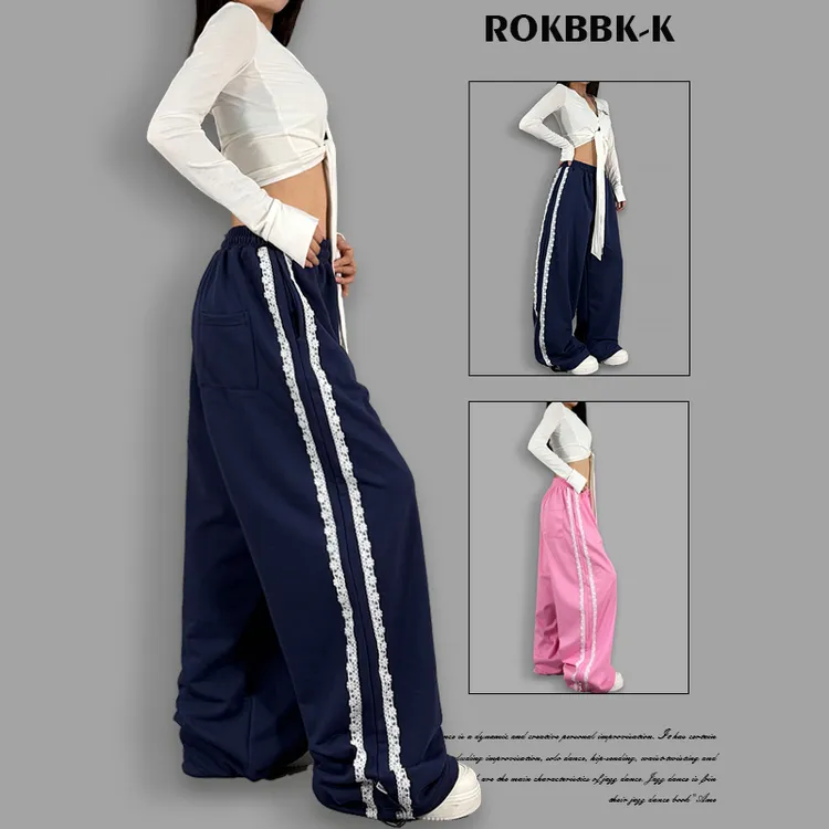 ROKBBK－K/布韩复古运动风阔腿裤女蕾丝边宽松休闲裤街舞潮牌