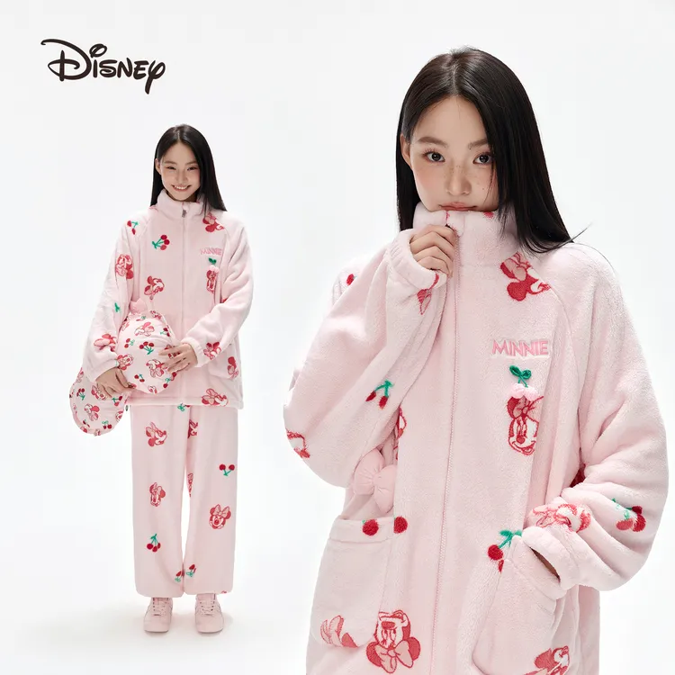 迪士尼米妮法兰绒可外穿卡通可爱立领少女保暖睡衣家居服套装秋冬