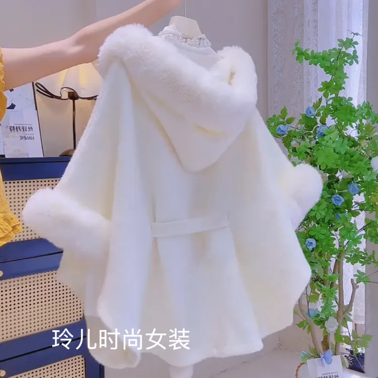 女士秋冬洋气减龄毛领韩系宽松收腰法式名媛气质斗篷大衣外套