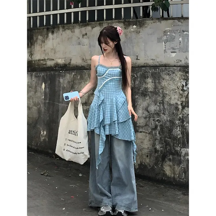 小个子蓝色格子吊带连衣裙女夏季复古辣妹短款收腰不规则无袖裙子